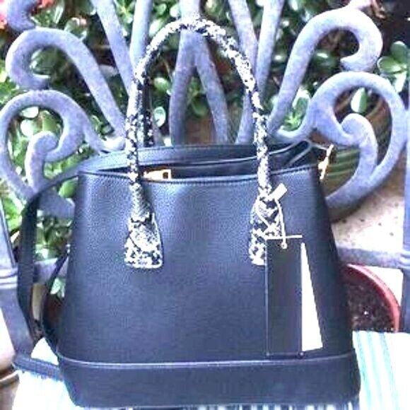 Isabella Womens Leather Double Handled Black Satchel Handbag 12" x 9" x 6"*** - Picture 8 of 10